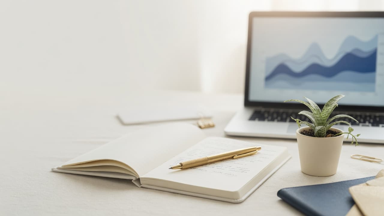 Bright minimal desk with open notebook, brass pen, plant, and soft-focus laptop