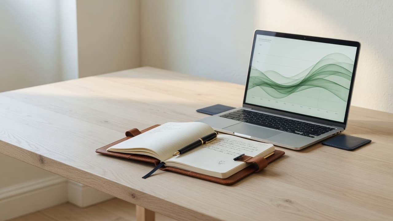 Light desk with open notebook, fountain pen, and laptop showing soft green performance lines