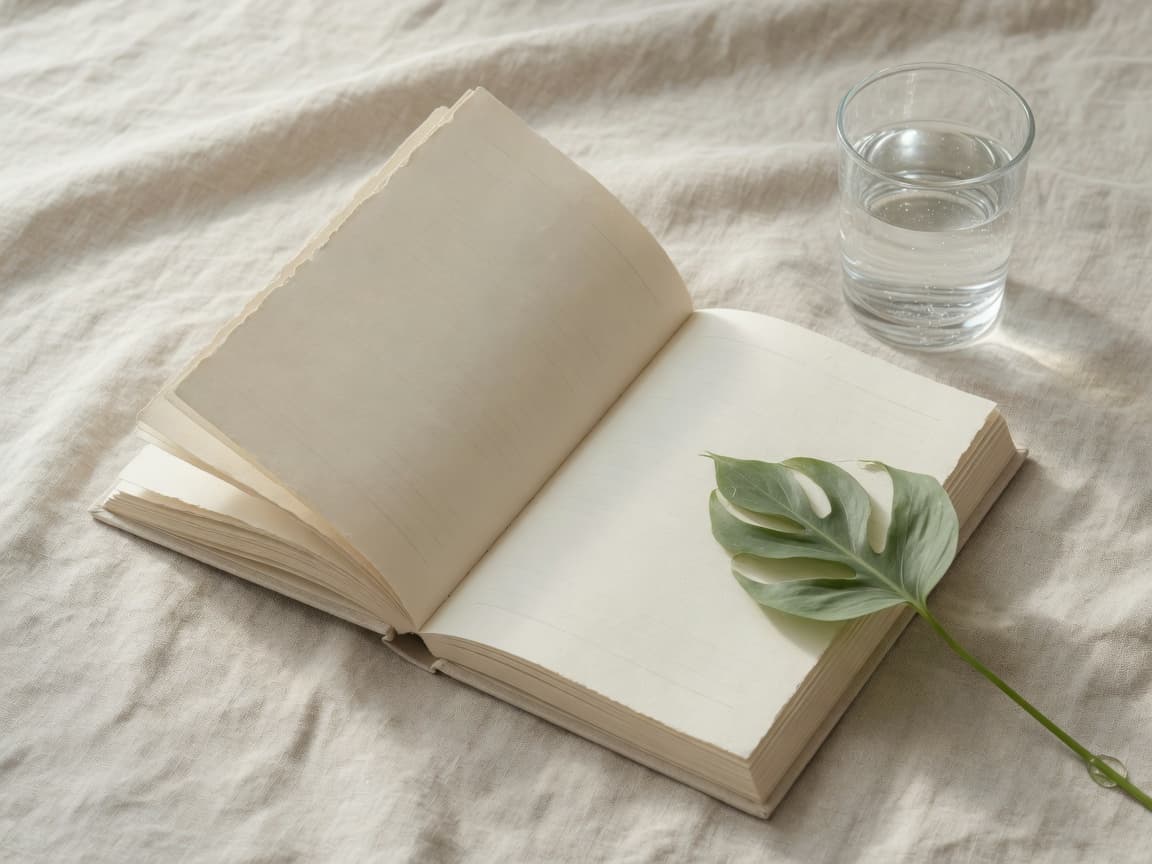 Open journal, water glass, and plant leaf on pale linen