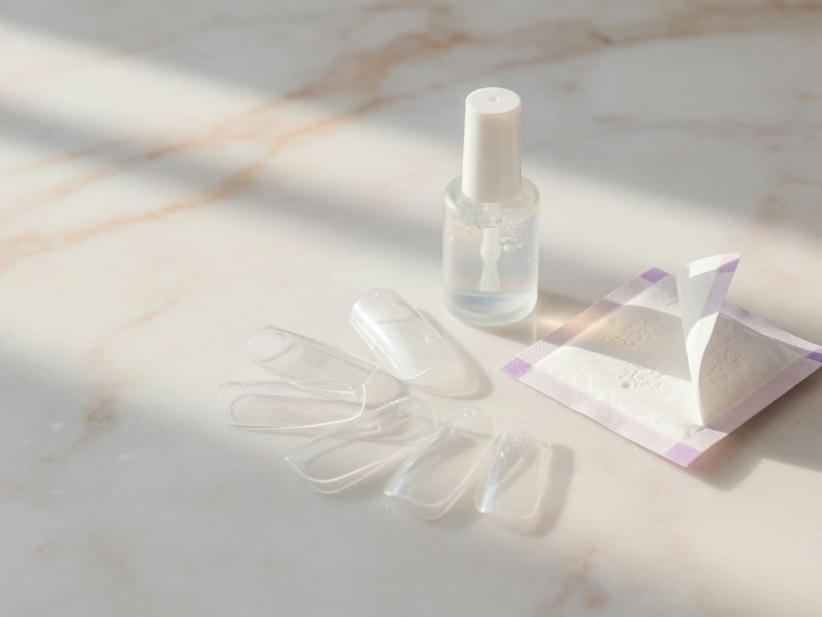 Nail covers, adhesive, and prep wipes arranged on white marble