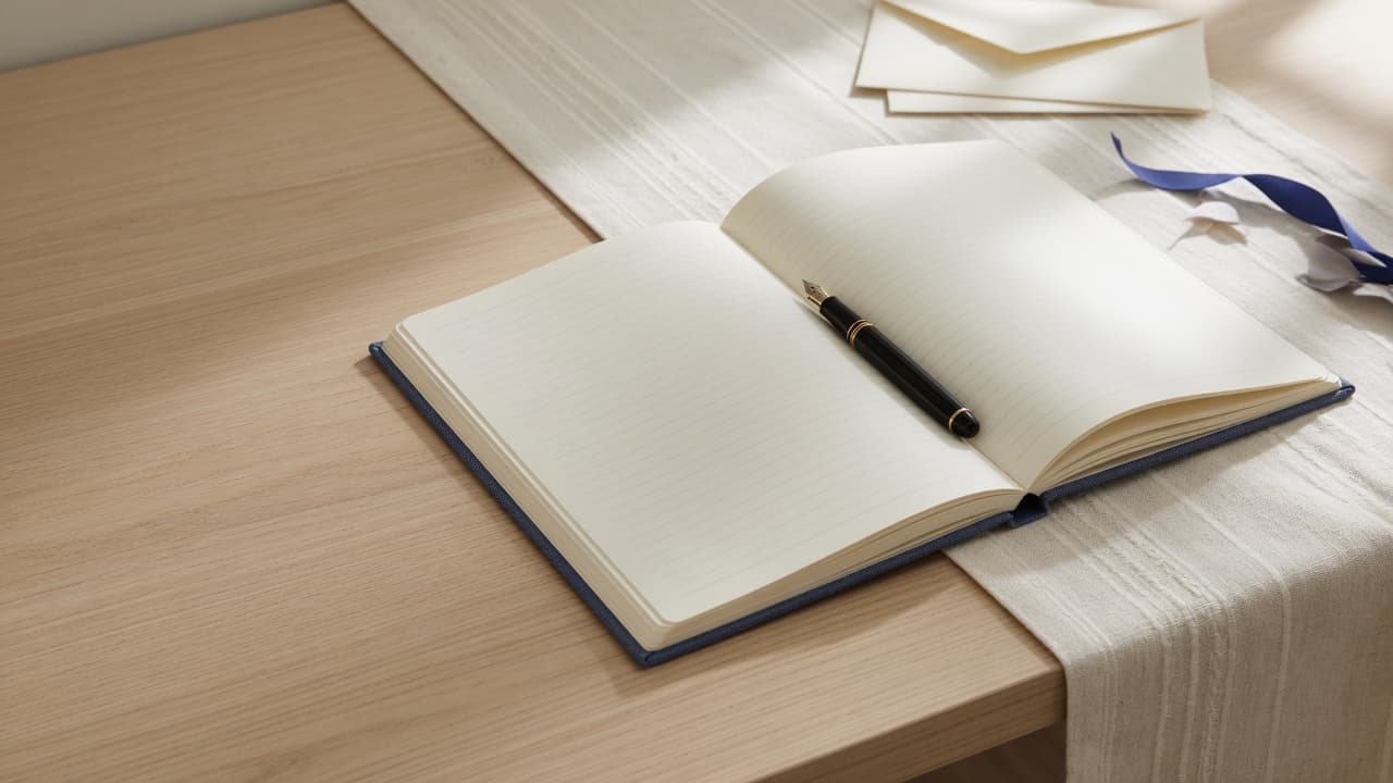 Open hardcover notebook and fountain pen on light oak desk in soft window light