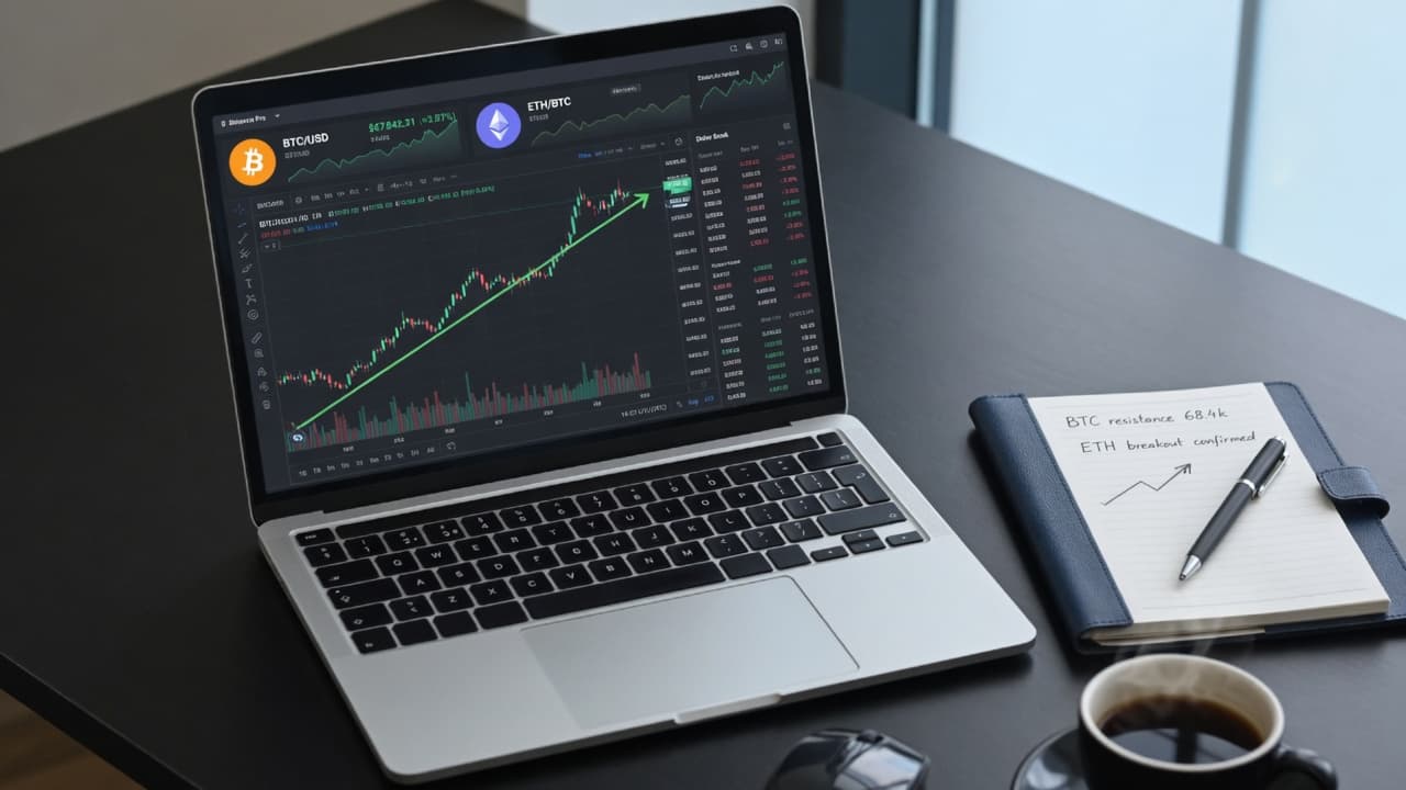 Laptop showing a clean crypto trading chart with Bitcoin and Ethereum context, notebook and pen on a minimalist desk
