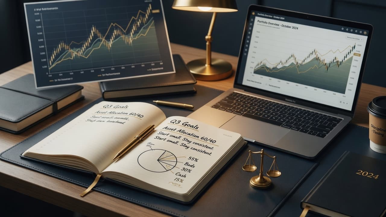 Modern desk with open notebook, laptop, and soft-focus financial charts in navy and gold tones — the start of a disciplined investing journey