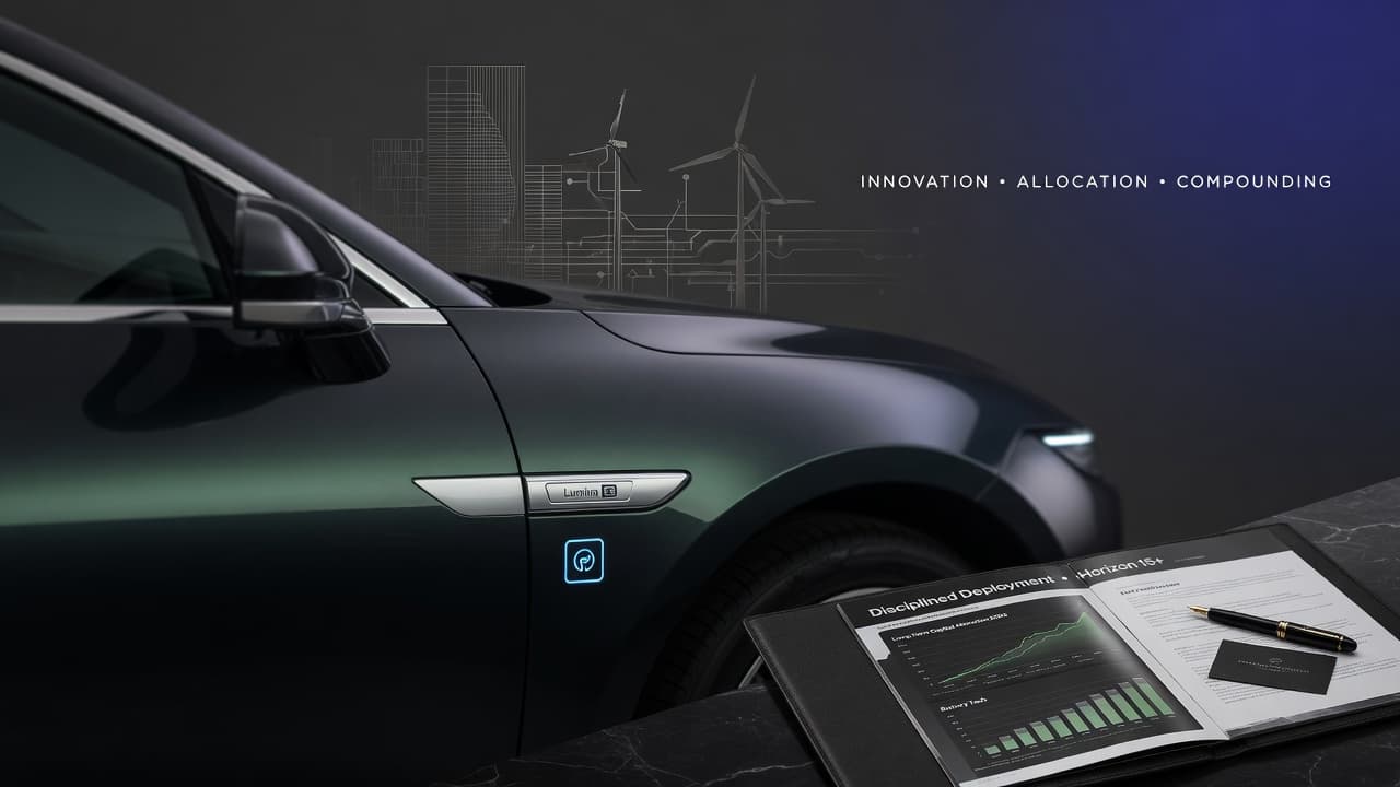 Sleek modern electric vehicle in soft focus against a dark sophisticated background — innovation and disciplined capital allocation