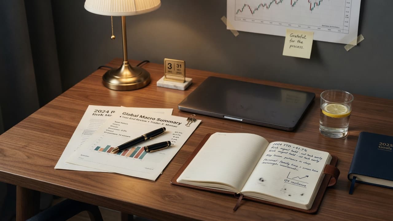End-of-year trader workspace with open journal, closed laptop, pen on a performance summary, and soft warm lighting