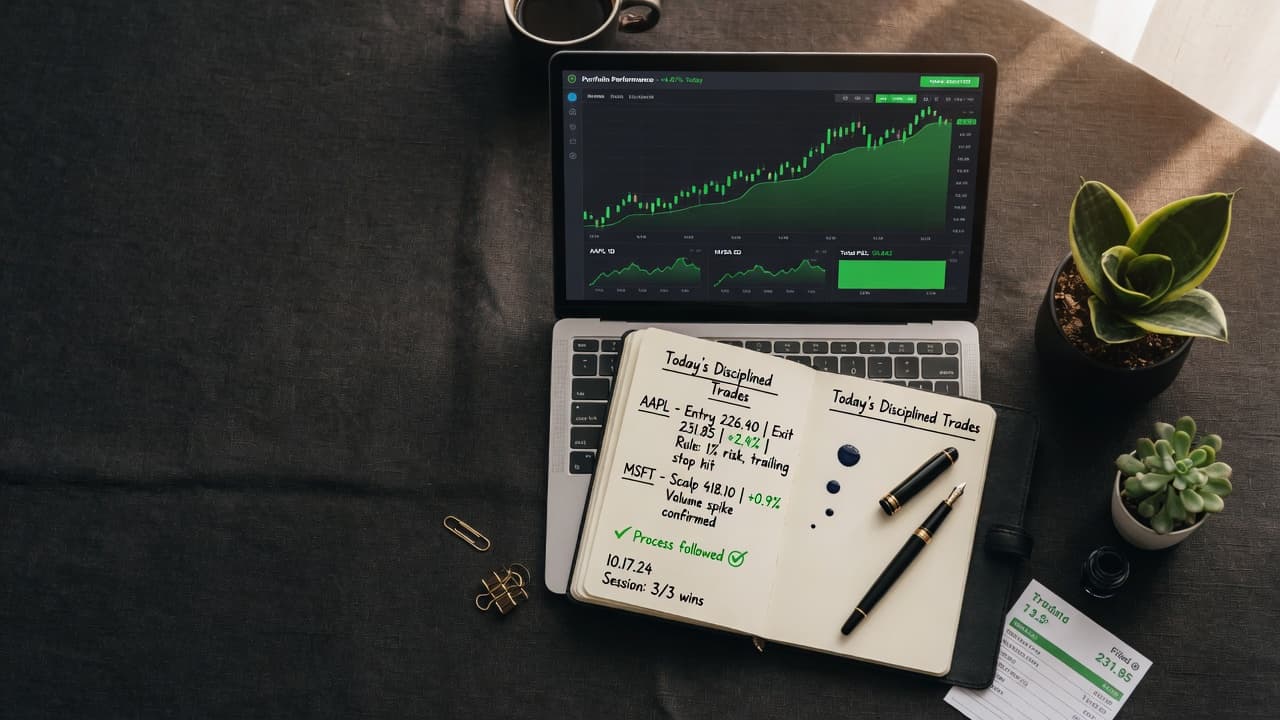 Flat-lay of laptop with green performance charts, notebook with stock tickers, fountain pen, and small plant