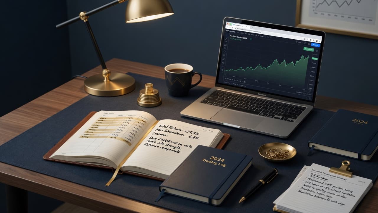 Modern desk with open trading journal, laptop showing green performance charts, and notebook with handwritten notes in navy and gold tones