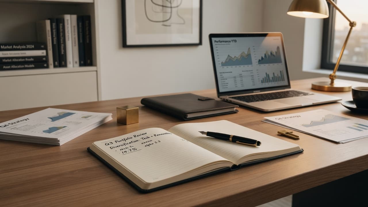 Modern minimalist office desk with an open notebook, fountain pen, and laptop in soft focus — thoughtful investment process