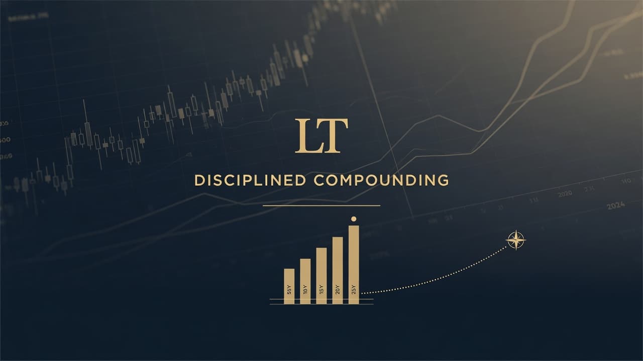 Minimalist editorial hero image with dark navy and gold tones, soft-focus financial charts, representing disciplined long-term investing