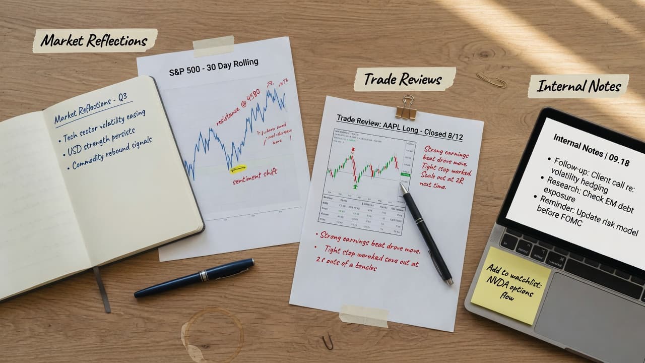 Flat-lay of notebook, pen, printed charts, and laptop on a wooden desk — market reflections, trade reviews, and internal notes