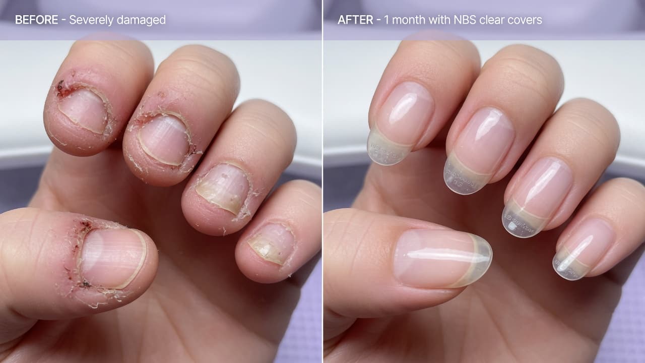 Side-by-side before-and-after: severely bitten nails on the left, healthier nails with clear NBS covers after one month on the right