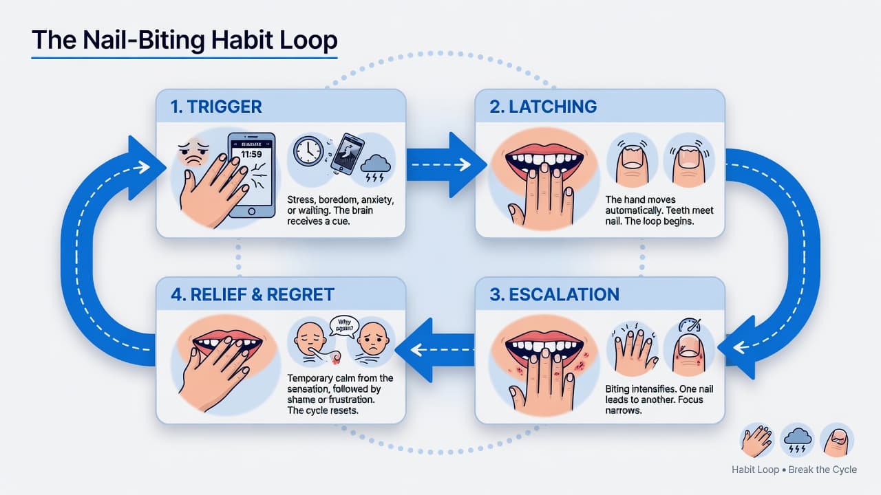 Infographic of the nail-biting habit loop: Trigger, Latching, Escalation, and Relief & Regret