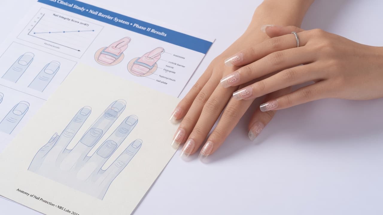 Well-groomed hands with clear NBS nail covers against a soft light background with subtle scientific elements