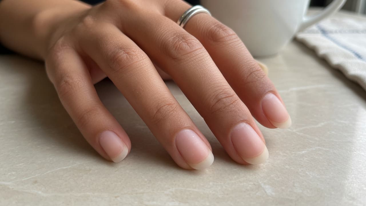 Close-up of natural-looking clear NBS nail covers on a hand in everyday lighting