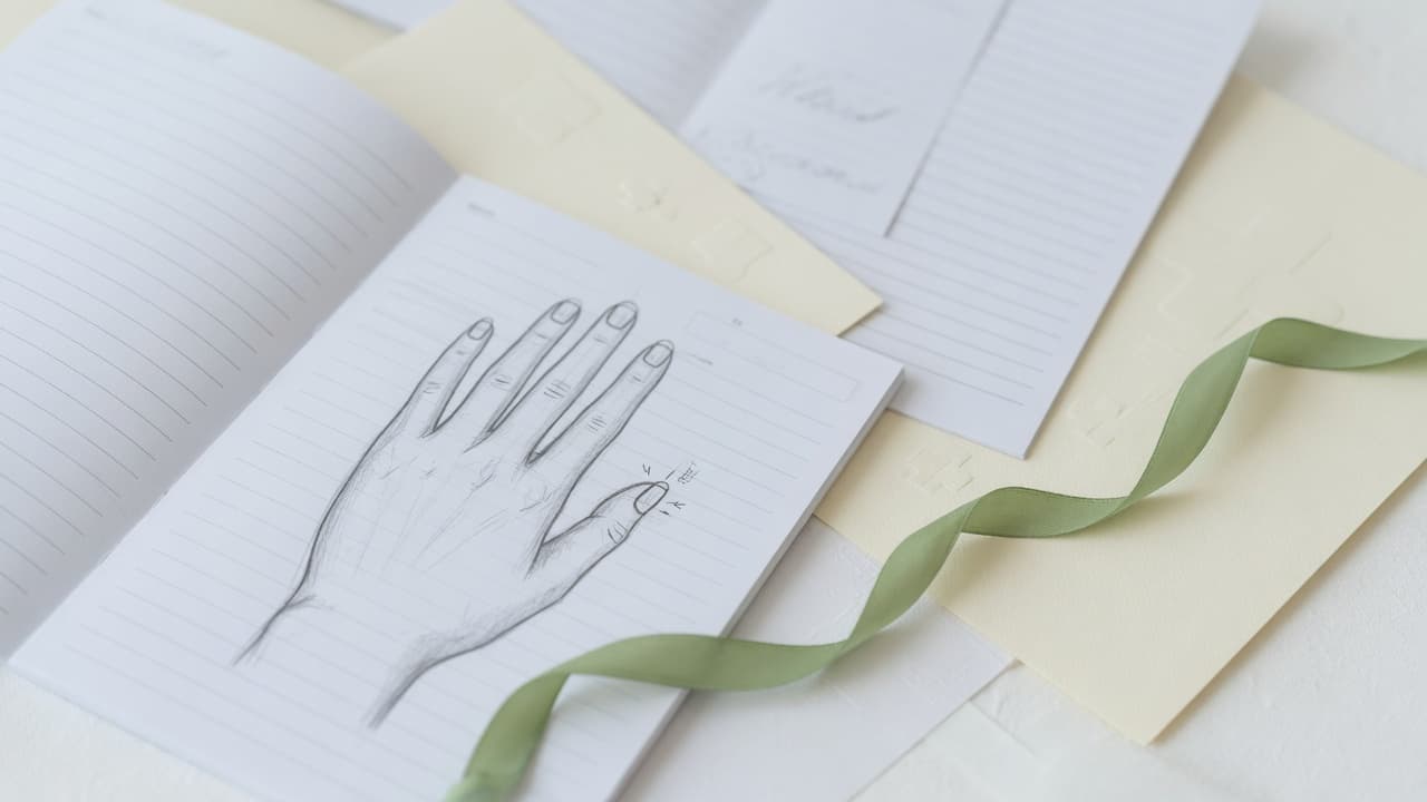 Soft editorial still life of research notes and a hand sketch in a light clinical setting