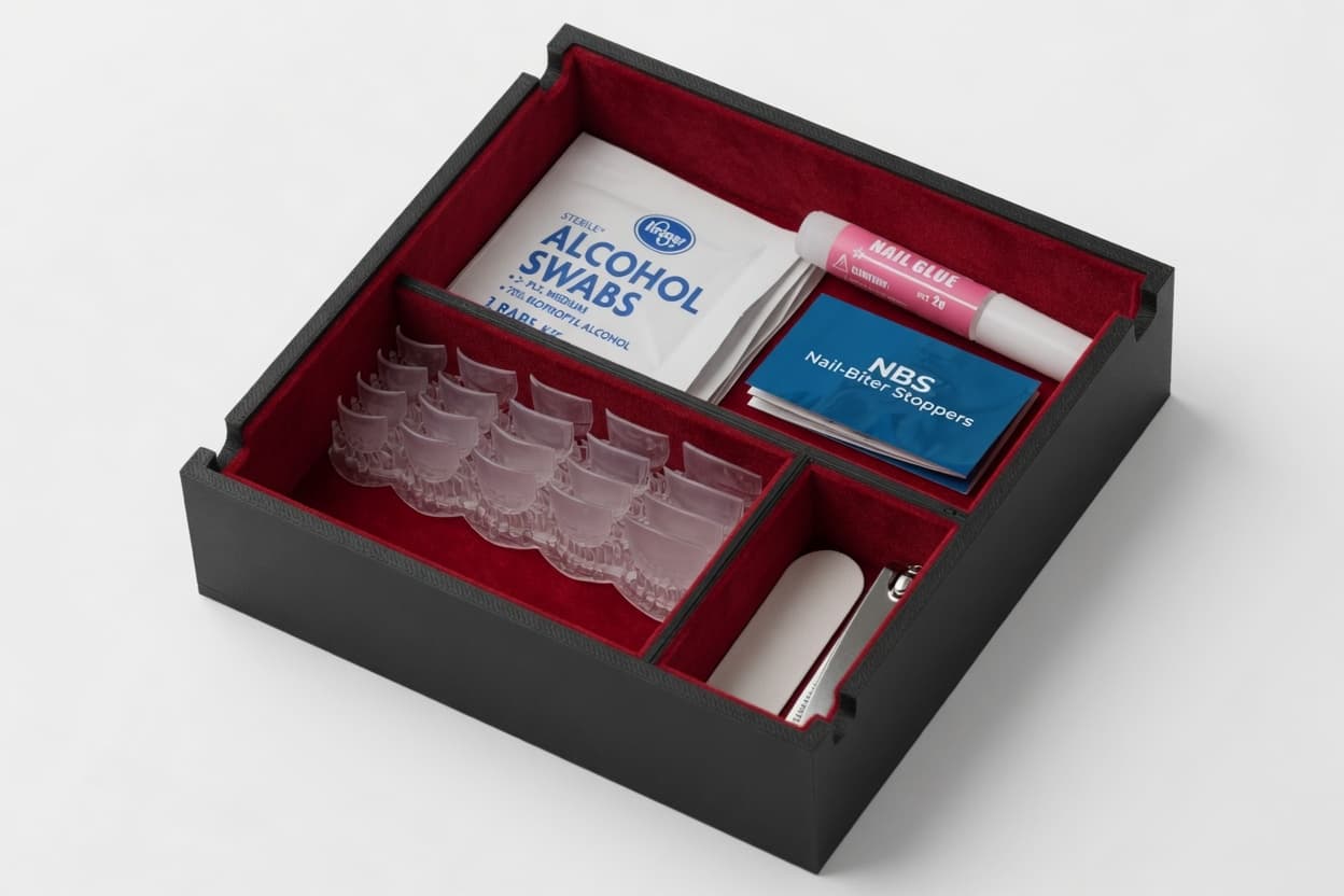 Open NBS Premium Kit with clear nail covers, alcohol swabs, nail glue, and tools in a velvet-lined box