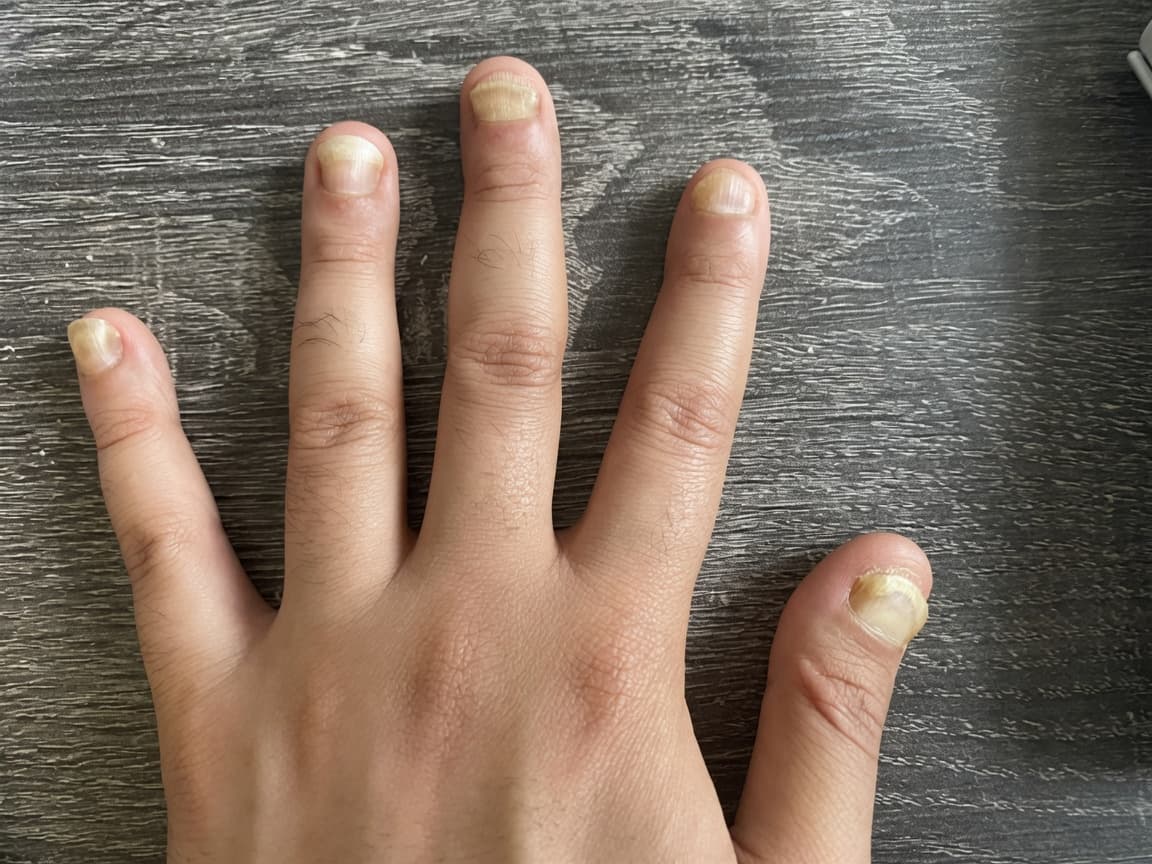 Left hand with severely bitten and damaged fingernails at the height of a nail-biting problem