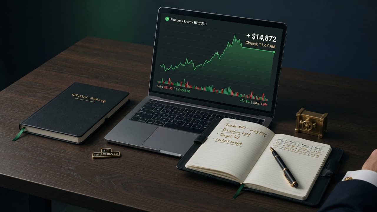 Clean desk with laptop showing a green P&L chart, notebook, and pen — closed trade and locked-in profit