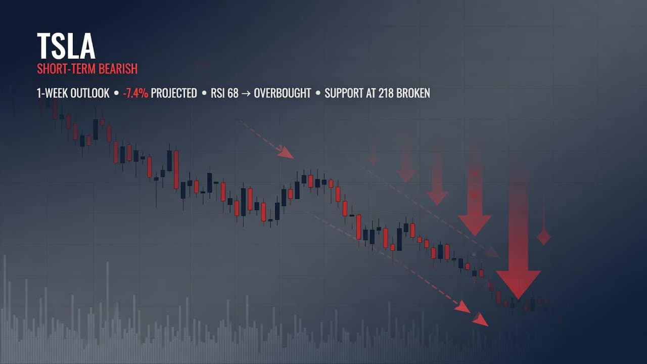 Dark navy and charcoal financial editorial image with subtle red downward arrows over a soft stock chart — bearish short-term outlook